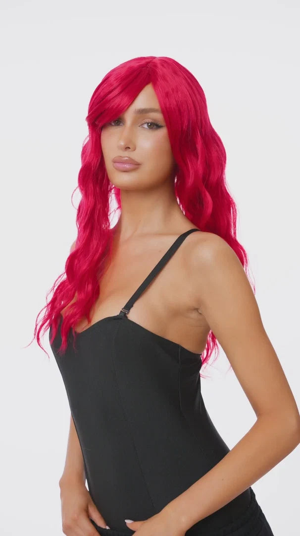 Mid Length Red Wavy Wig With Bangs