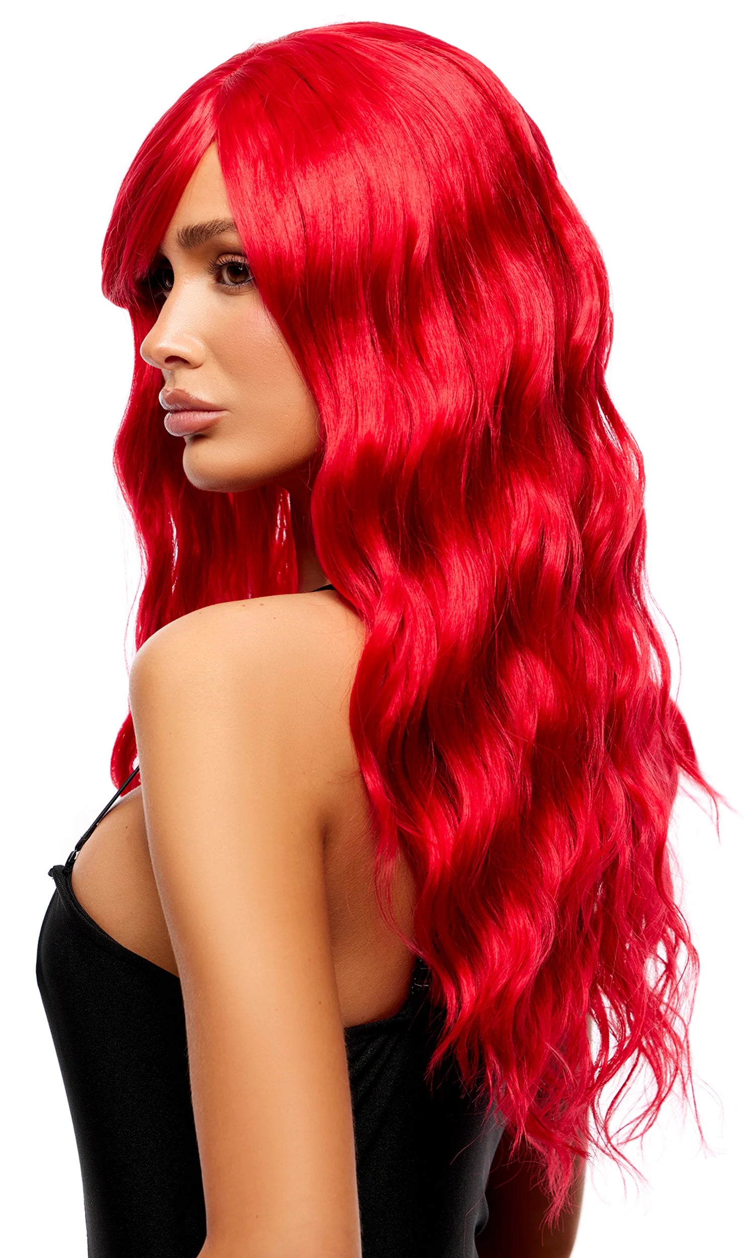 Mid Length Red Wavy Wig With Bangs