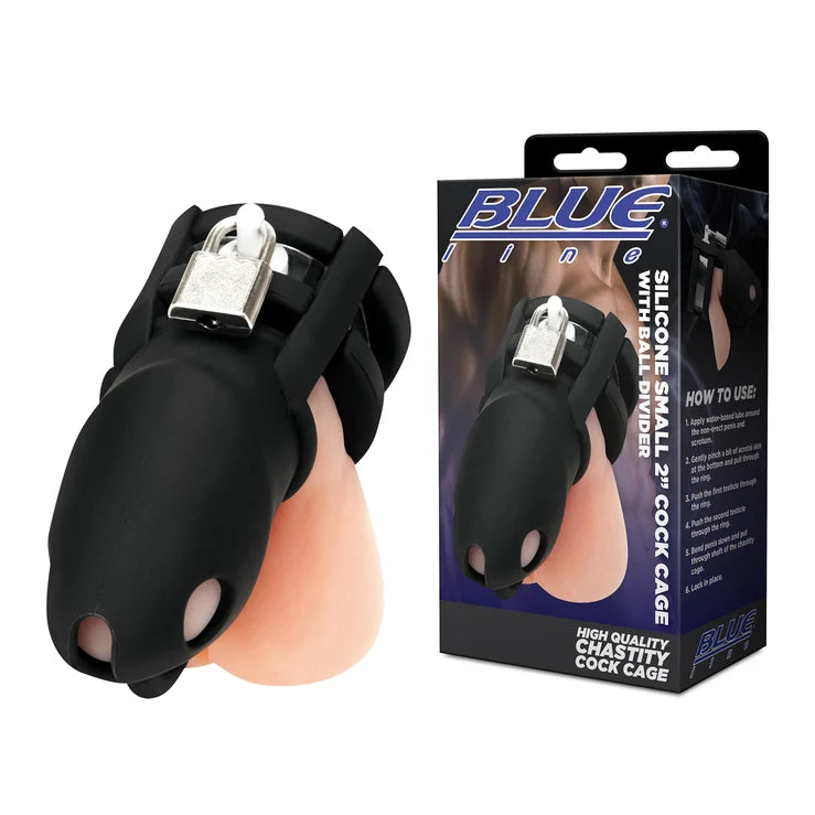 Blue Line 2" Silicone Mini Cock Cage With Ball Divider in Black