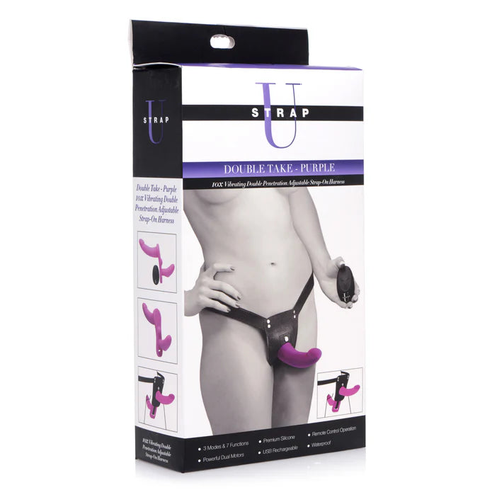 Double Take 10X Double Penetration Vibrating Strap-on Harness Purple