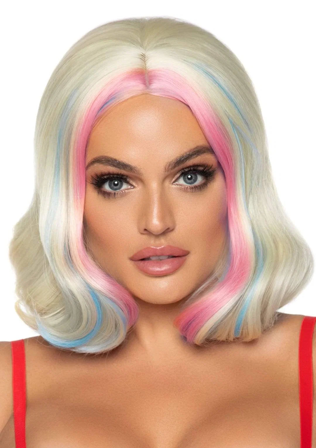 Wavy Blonde Bob Wig with Pink & Blue Highlights